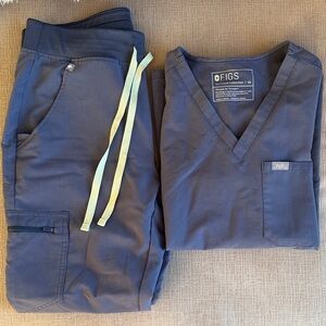 Figs Classic Blue Scrub Set with Lime Accents